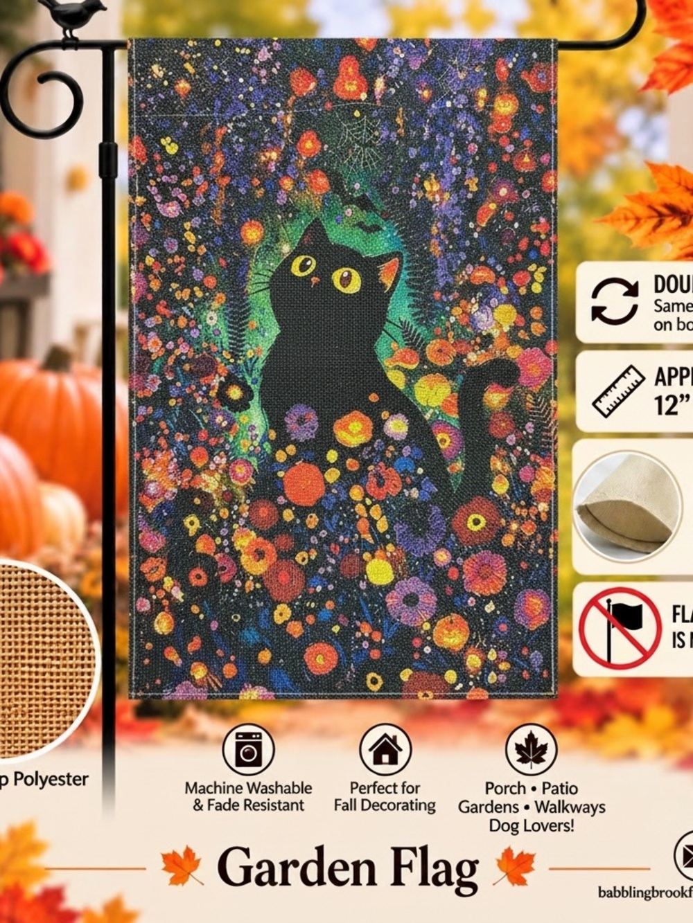 Garden Flag, Fall Black Cat, burlap, double-sided, approx 12”x18”